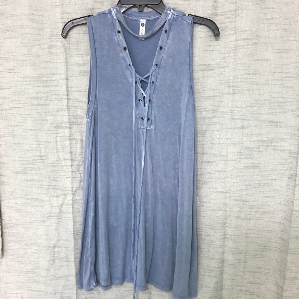 Distressed blue strap criss cross soft tunic